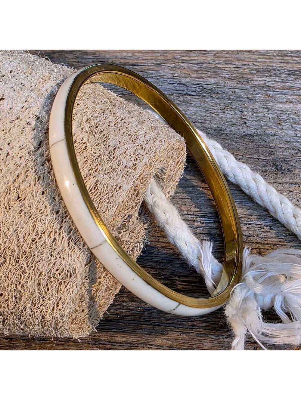 Tribal India Raw Brass and Cream Yak Bone Bangle Bracelet